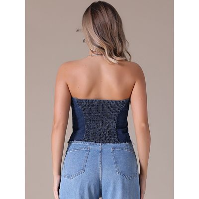 Women's Denim Corset Top Button Front Raw Hem Smocked Back Crop Tube Tops