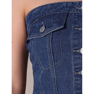Women's Denim Corset Top Button Front Raw Hem Smocked Back Crop Tube Tops