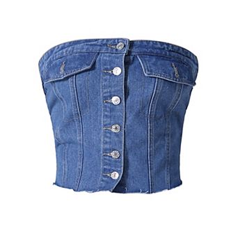 Women's Denim Corset Top Button Front Raw Hem Smocked Back Crop Tube Tops