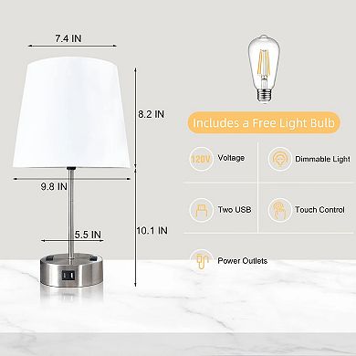19 inch Brushed nickel Touch table lamp with USB Port and AC outlets