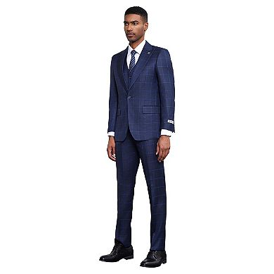 Stacy Adams 3pc Classic Windowpane Suit Set w/ Peak Lapel