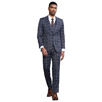 Stacy Adams 3 pc Classic Windowpane Suit Set w/ Peak Lapel