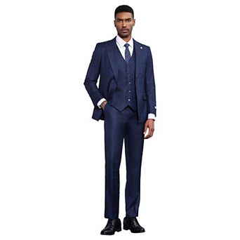 Stacy Adams 3 pc Classic Windowpane Suit Set w/ Peak Lapel