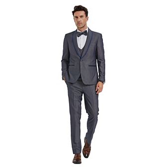 Men's Skinny-Fit 3 pc Solid Textured Suit Set w/ Trimmed Vest