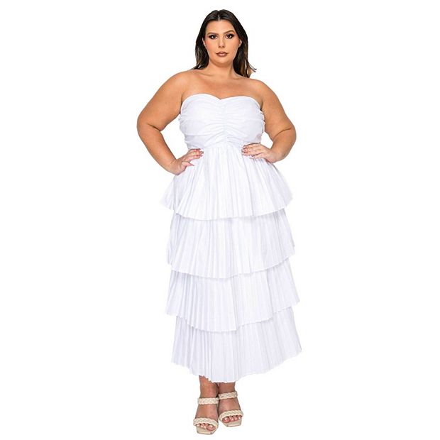 L I V D Plus Size Eleni Strapless Pleated Tiered Dress - White