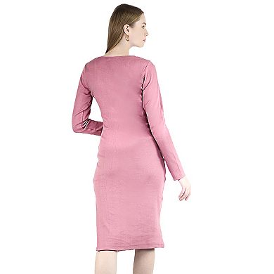 Women's Long Sleeved Scoop Neck Bodycon Ribbed Midi Party Cocktail Slit Dress