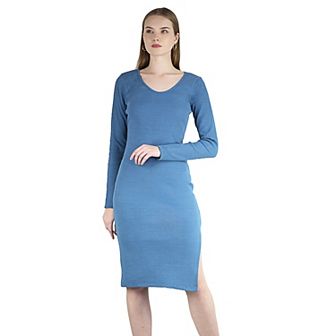 Women's Long Sleeved Scoop Neck Bodycon Ribbed Midi Party Cocktail Slit Dress