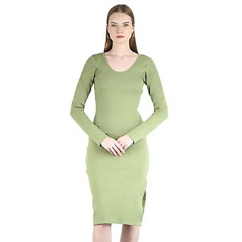 Women's Long Sleeved Scoop Neck Bodycon Ribbed Midi Party Cocktail Slit Dress