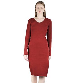 Women's Long Sleeved Scoop Neck Bodycon Ribbed Midi Party Cocktail Slit Dress