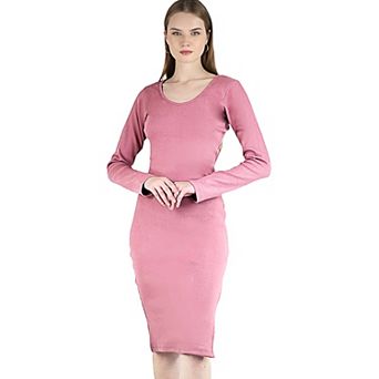 Women's Long Sleeved Scoop Neck Bodycon Ribbed Midi Party Cocktail Slit Dress
