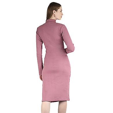 Women's Long Sleeved Turtleneck Bodycon Ribbed Midi Party Cocktail Slit Dress
