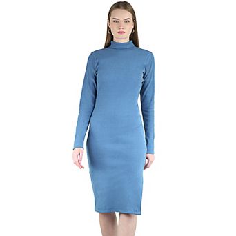Women's Long Sleeved Turtleneck Bodycon Ribbed Midi Party Cocktail Slit Dress