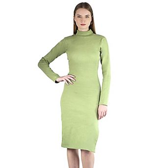 Women's Long Sleeved Turtleneck Bodycon Ribbed Midi Party Cocktail Slit Dress