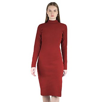 Women's Long Sleeved Turtleneck Bodycon Ribbed Midi Party Cocktail Slit Dress