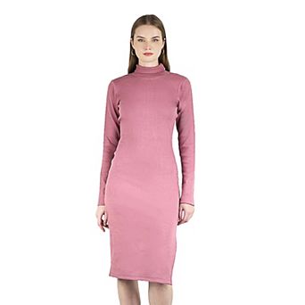 Women's Long Sleeved Turtleneck Bodycon Ribbed Midi Party Cocktail Slit Dress