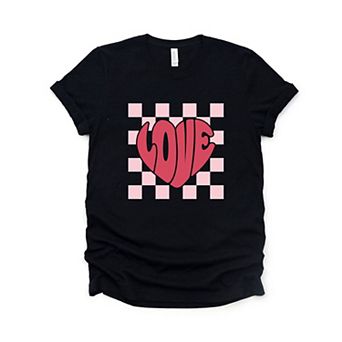 Love Heart Checkered Short Sleeve Graphic Tee
