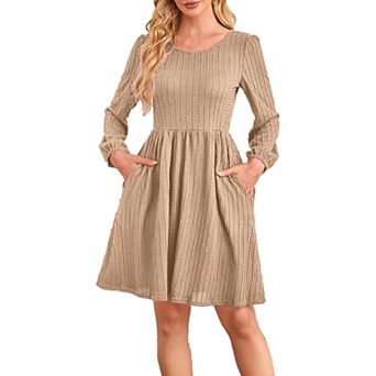 Women Dresses Fashion Solid Color Elegant Texture Casual with Long Sleeve Round Neck Flowy Dress