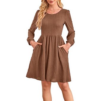 Women Dresses Fashion Solid Color Elegant Texture Casual with Long Sleeve Round Neck Flowy Dress