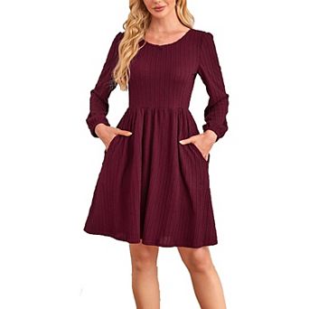 Women Dresses Fashion Solid Color Elegant Texture Casual with Long Sleeve Round Neck Flowy Dress