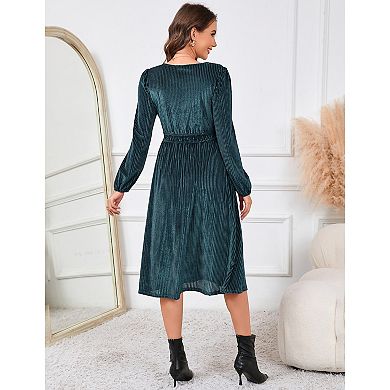 Maternity Velvet Dresses V Neck Long Sleeve High Waisted Solid Midi Dress