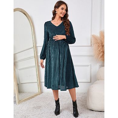 Maternity Velvet Dresses V Neck Long Sleeve High Waisted Solid Midi Dress