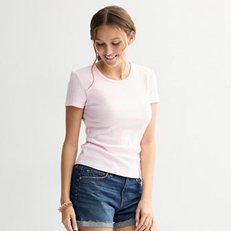 Juniors' Pink Republic Solid Ribbed Short-Sleeve Tee