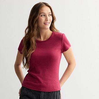 Juniors' Pink Republic Solid Ribbed Short-Sleeve Tee