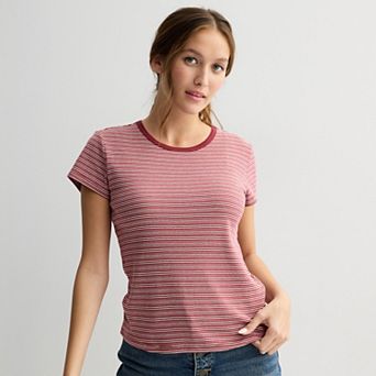 Juniors' Pink Republic Short Sleeve Striped Crew Tee