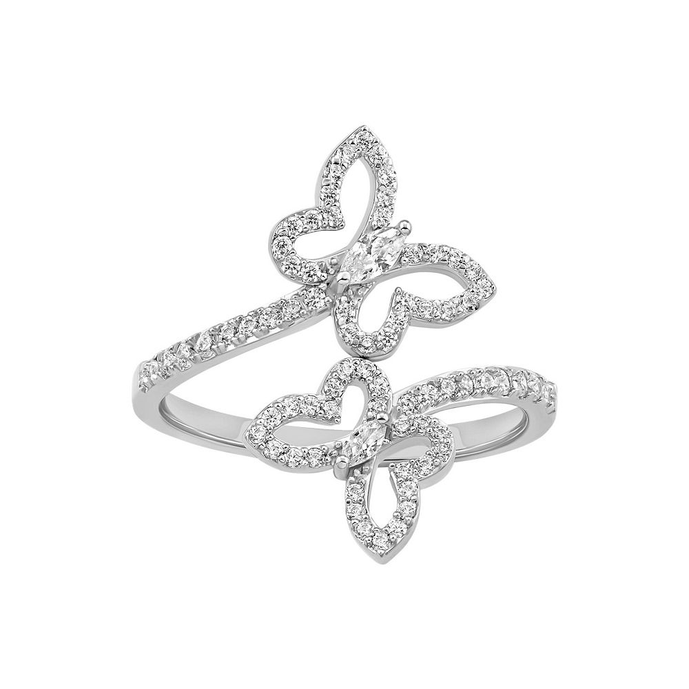 PRIMROSE Sterling Silver Pave Cubic Zirconia Double Butterfly Bypass Ring
