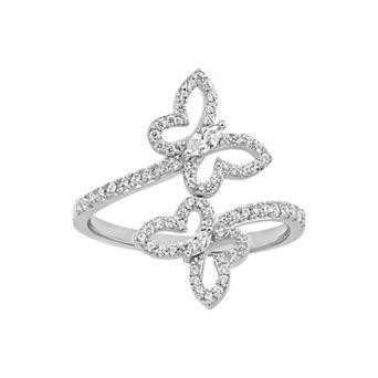 PRIMROSE Sterling Silver Pave Cubic Zirconia Double Butterfly Bypass Ring