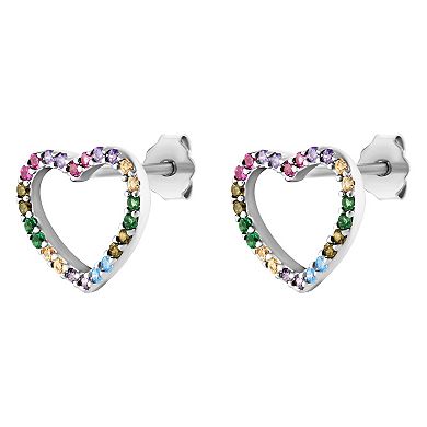 PRIMROSE Sterling Silver Multi Color Cubic Zirconia Open Heart Stud Earrings