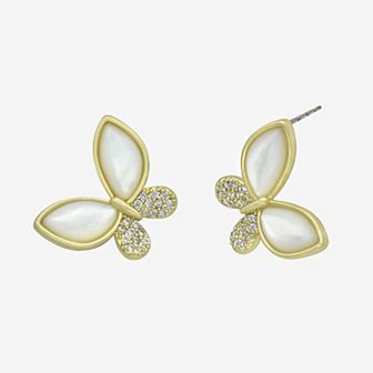 City Luxe Gold Tone Mother-of-Pearl & Cubic Zirconia Butterfly Stud Earrings