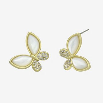 City Luxe Gold Tone Mother-of-Pearl & Cubic Zirconia Butterfly Stud Earrings