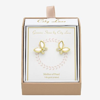 City Luxe Gold Tone Mother-of-Pearl & Cubic Zirconia Butterfly Stud Earrings