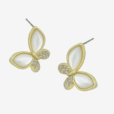 City Luxe Gold Tone Mother-of-Pearl & Cubic Zirconia Butterfly Stud Earrings