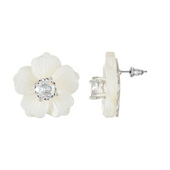 City Luxe Silver Tone Cubic Zirconia Mother-of-Pearl Flower Stud Earrings