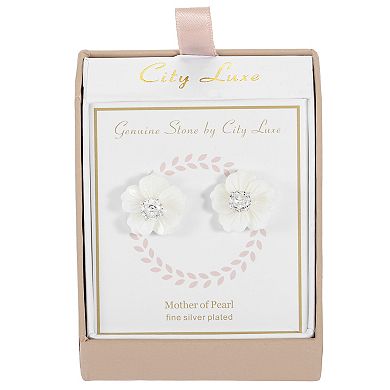 City Luxe Silver Tone Cubic Zirconia Mother-of-Pearl Flower Stud Earrings