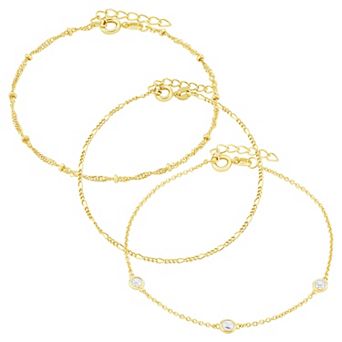 PRIMROSE 3 pc 14k Gold Flash Plated Bead Station, Figaro, & Cubic Zirconia Bracelet Set