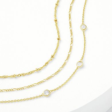 PRIMROSE 3-Piece 14k Gold Flash Plated Bead Station, Figaro, & Cubic Zirconia Bracelet Set