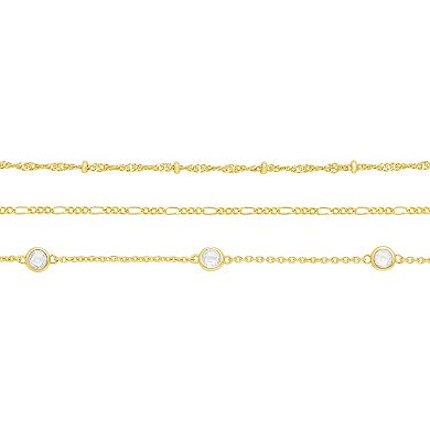 PRIMROSE 3-Piece 14k Gold Flash Plated Bead Station, Figaro, & Cubic Zirconia Bracelet Set