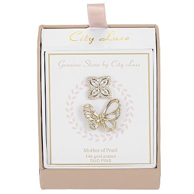 City Luxe Gold Tone Cubic Zirconia Butterfly & Floral Pin Set