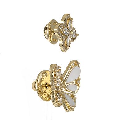 City Luxe Gold Tone Cubic Zirconia Butterfly & Floral Pin Set