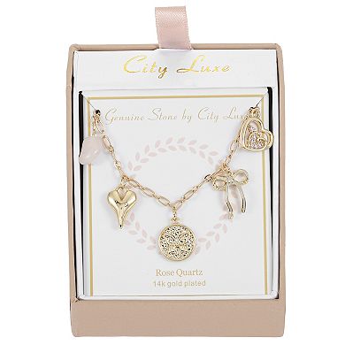 City Luxe Gold Tone Rose Quartz Cubic Zirconia Charm Necklace