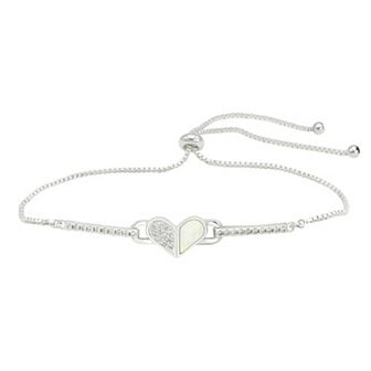City Luxe Silver Tone Mother-Of-Pearl Cubic Zirconia Heart Bolo Bracelet