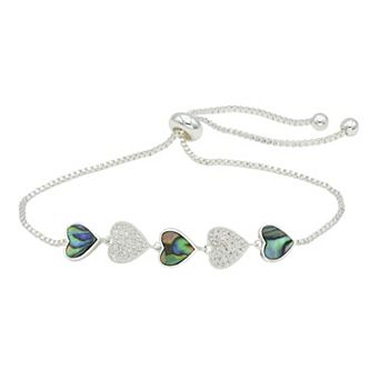 City Luxe Silver Tone Abalone Cubic Zirconia Hearts Bolo Bracelet