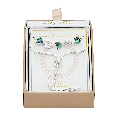 City Luxe Silver Tone Abalone Cubic Zirconia Hearts Bolo Bracelet