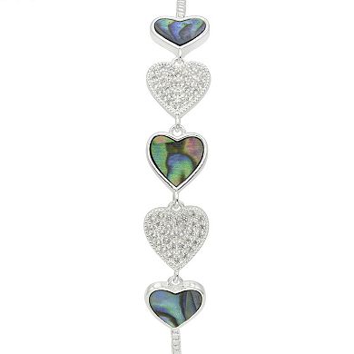 City Luxe Silver Tone Abalone Cubic Zirconia Hearts Bolo Bracelet