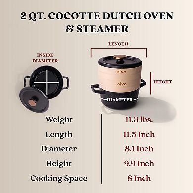 Alva Nori 2.5qt Enameled Cast Iron Dutch Oven, Mini Cocotte & Bamboo Steamer Set