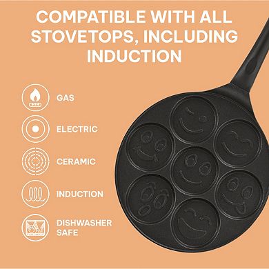 Kitchenfun Nonstick Mini Pancake Maker - Non-Toxic Crepe Maker, 7 Small Smiley Pancakes
