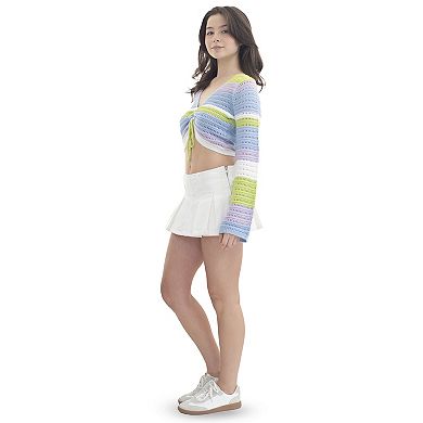 Juniors' madden girl Striped Pointelle V-Neck Loop Tie Cropped Sweater
